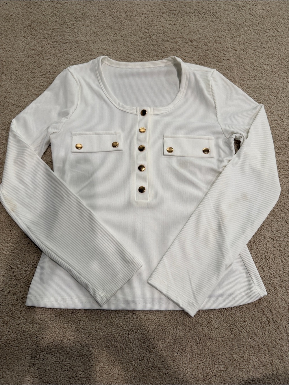 SHEIN White Long Sleeve Ribbed Henley Top with Gold Button Detail
